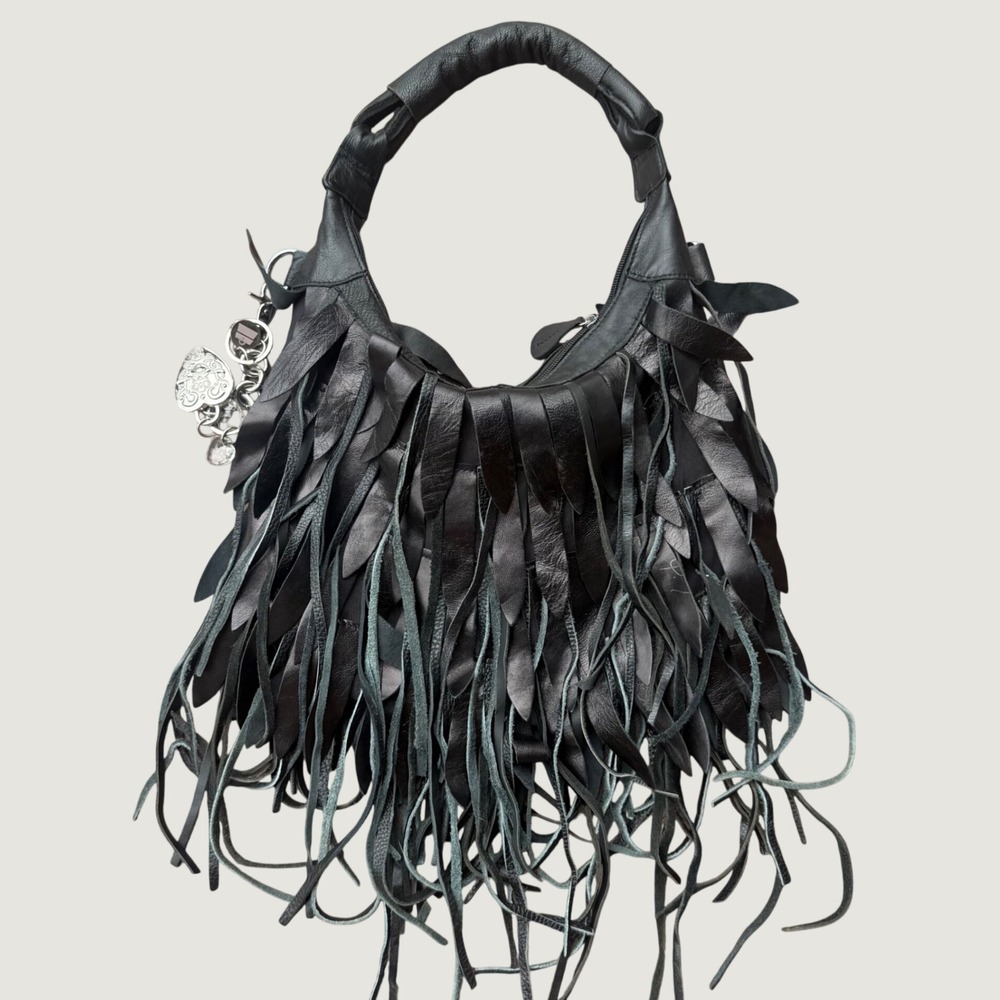 Vintage Y2K Custom Made Black Fringe Hobo Bag Leather Kathy Van Zeeland Charm